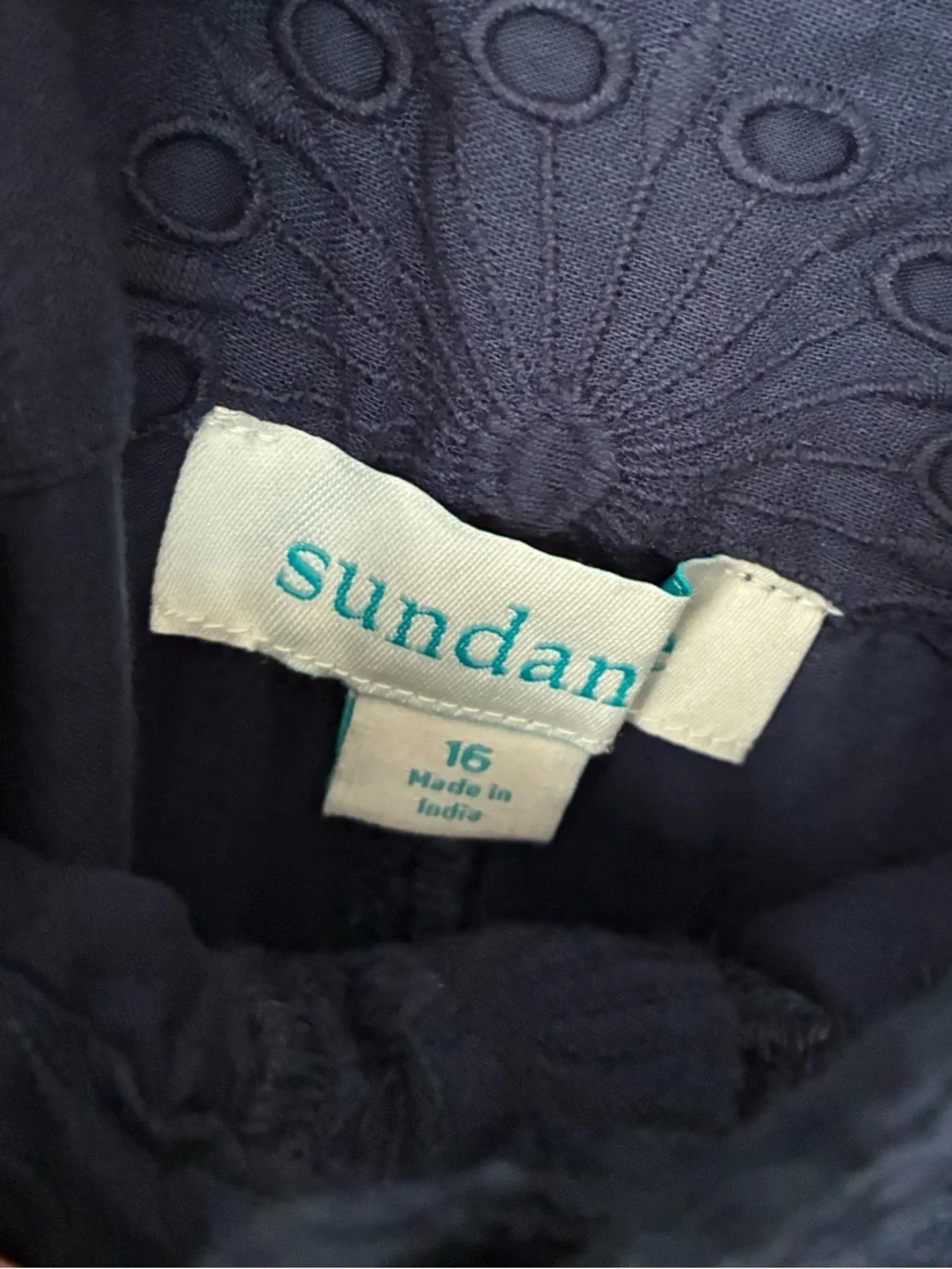SUNDANCE Navy Blue Eyelet Cutwork Embroidered Cotton Wide Leg Pants Boho 16 - Picture 6 of 8